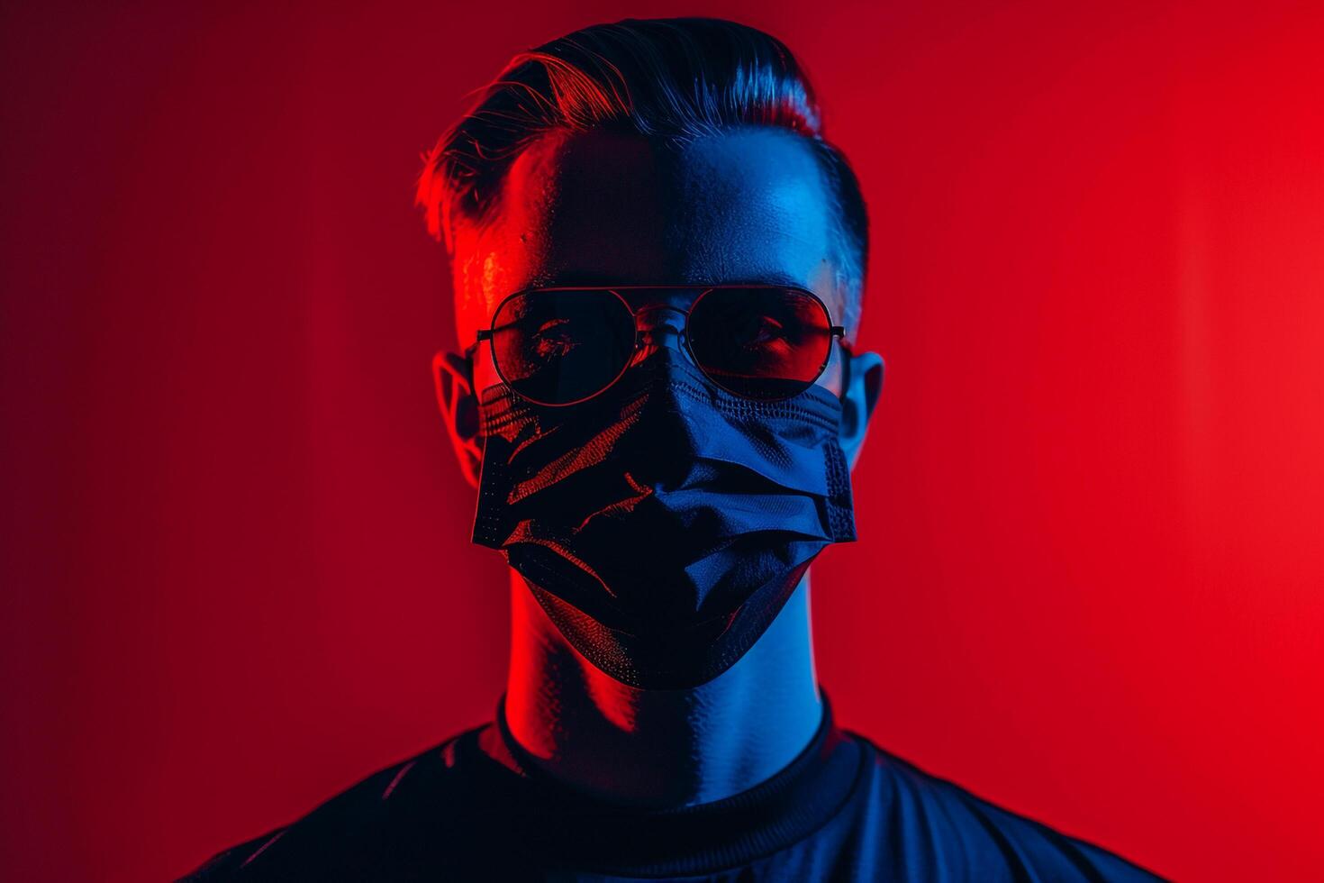 Trendy Male Model in Dark Blue Face Mask with Neon Red Highlights Showcased in a Contemporary Lifestyle portrait Background photo