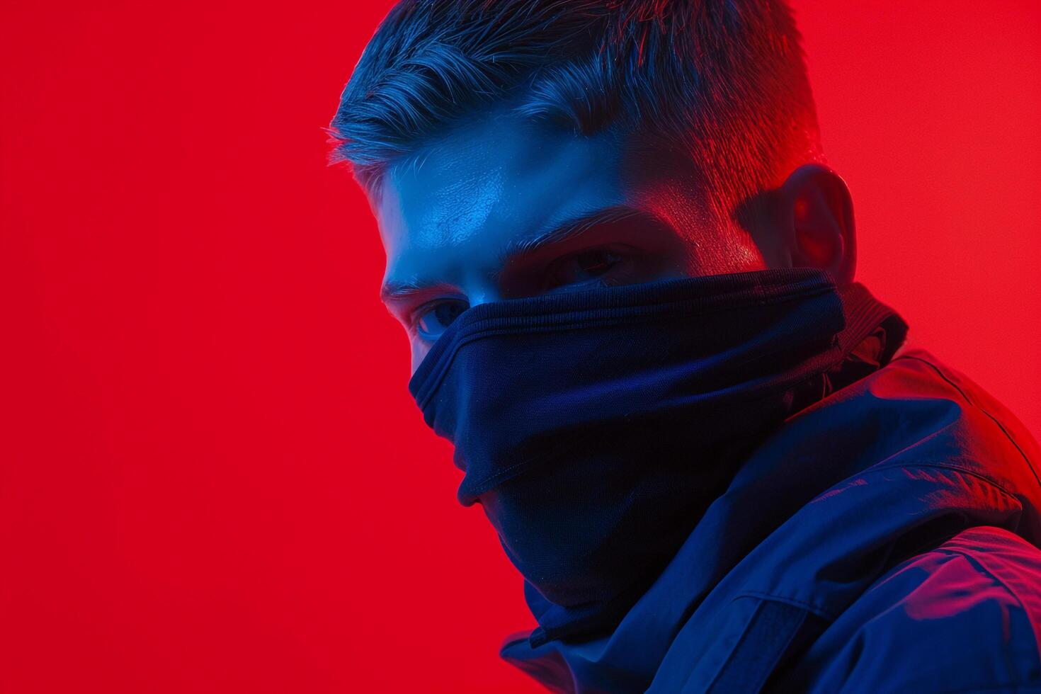Chic Male Model in Dark Blue Face Mask with Neon Red Set Against a Trendy Lifestyle portrait Background photo