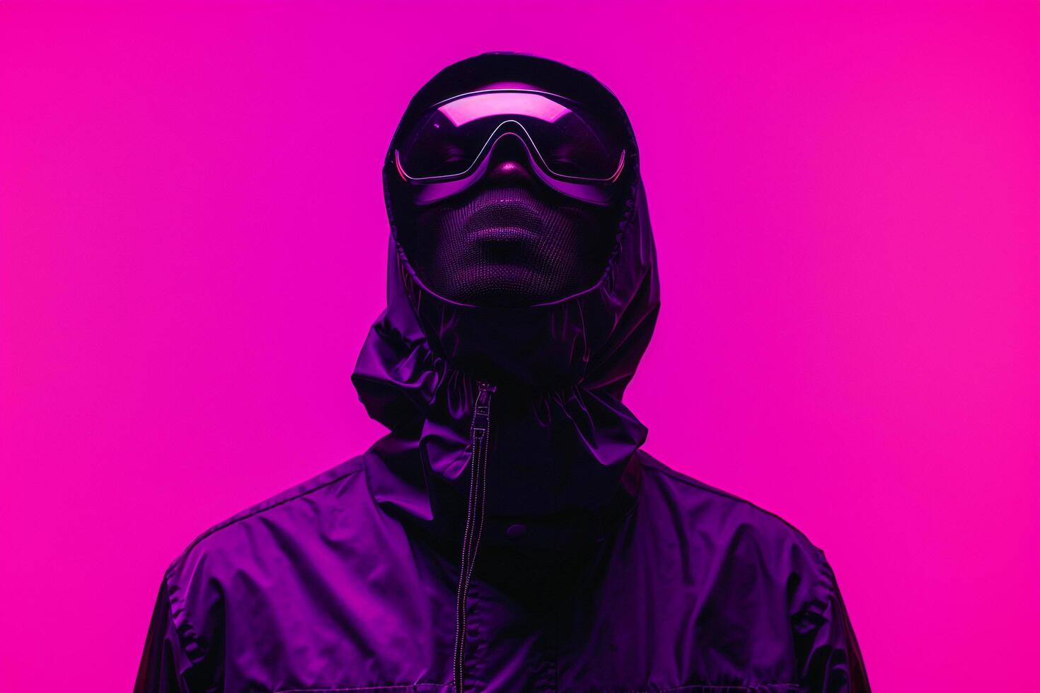 Handsome Male Model in Black Face Mask with Neon purple Captured in a Trendy Lifestyle portrait Setting photo