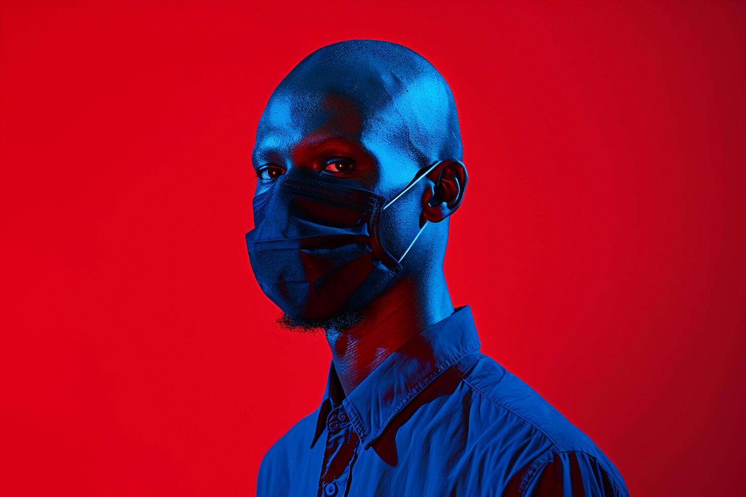 Stylish Male Model in Dark Blue Face Mask with Neon Red Highlights Captured in a Contemporary Lifestyle portrait Background photo