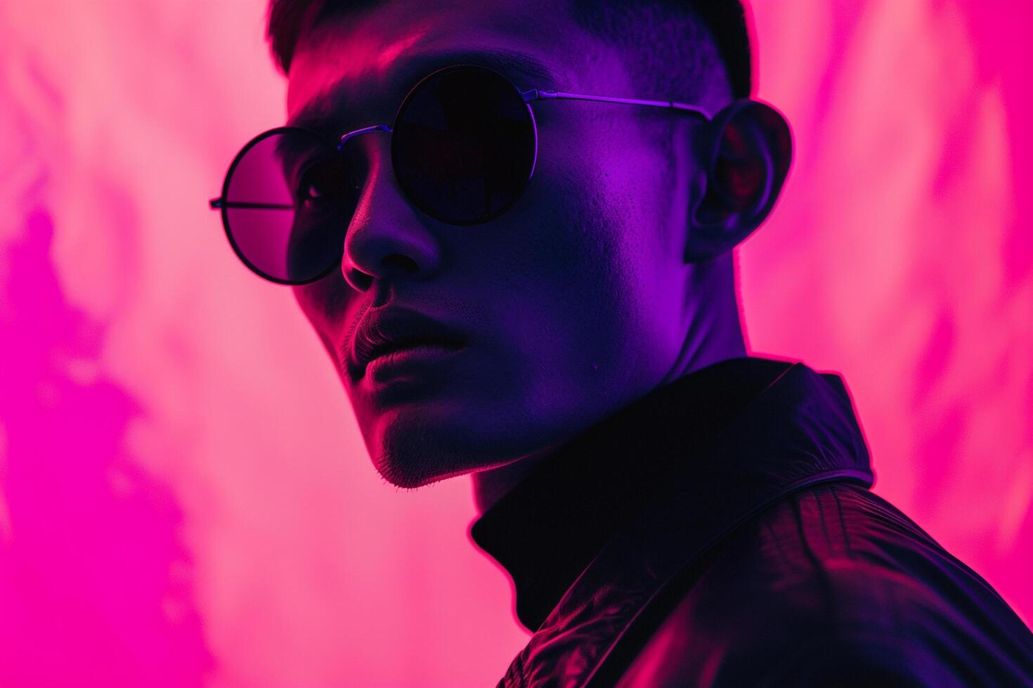 Fashionable Male Model in Black eyewear with Neon purple Featured in a Modern Lifestyle portrait with Trendy Lighting photo