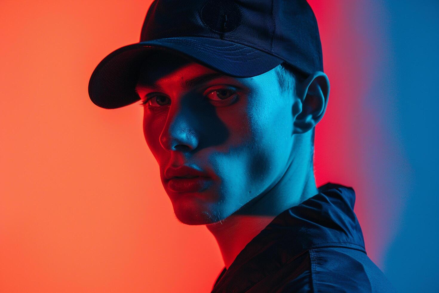 Trendy Male Model in Black Cap with Neon Blue Accents Featured in a Modern Lifestyle portrait Background photo