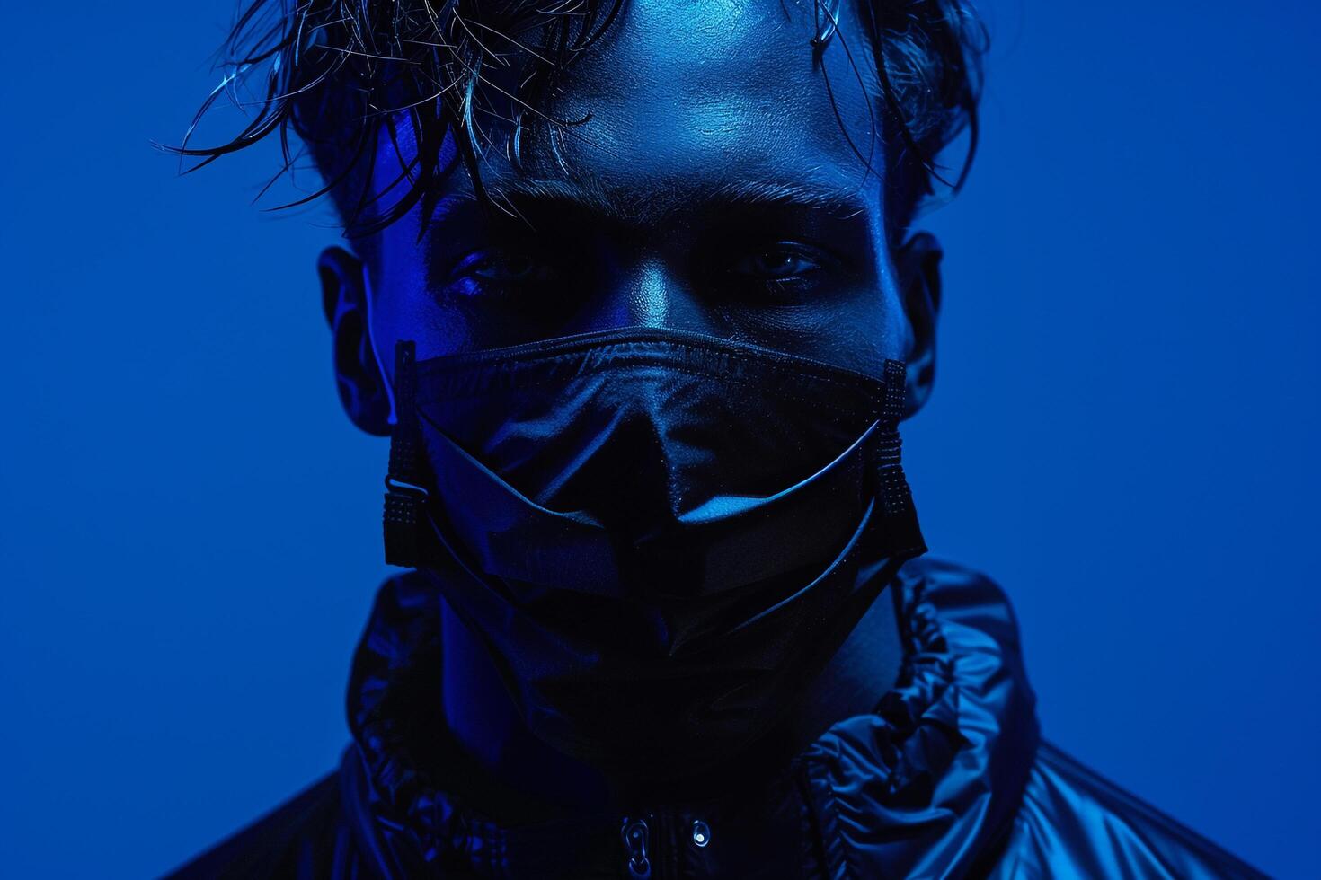 Stylish Male Model in Black Face Mask with Neon Blue Showcased in a Contemporary Lifestyle portrait Background photo
