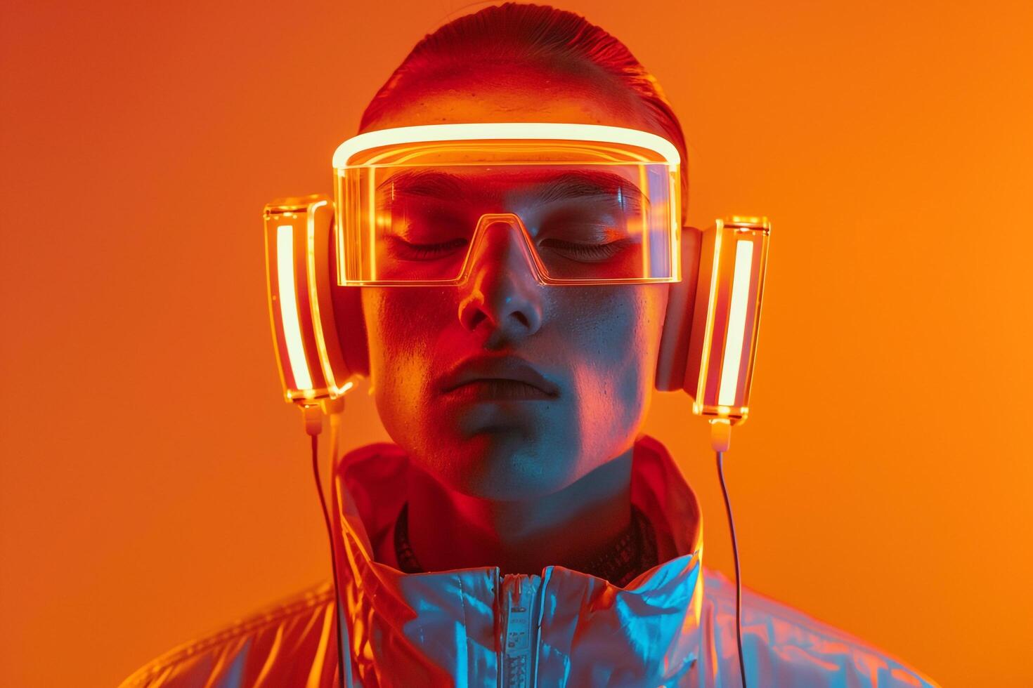 Stylish Male Model with Transparent Headphones and Neon Orange Featured in a Modern Lifestyle portrait with Trendy Lighting photo