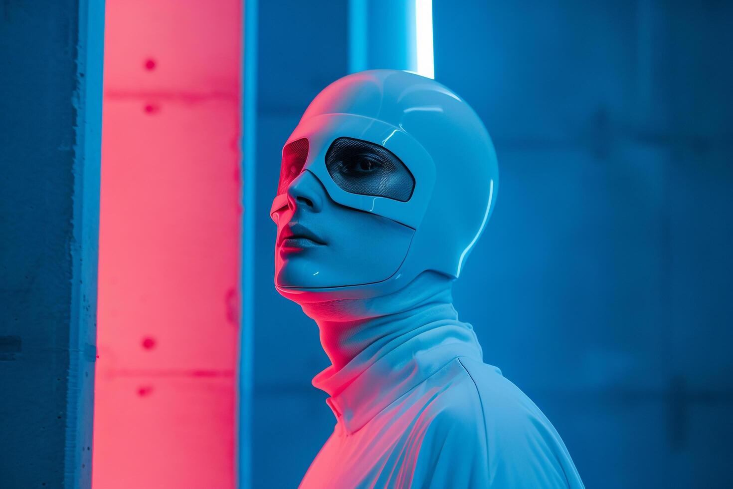 Trendy Male Model in Fashionable Face Mask with Neon Blue Captured in a Modern Lifestyle portrait with Stylish Lighting photo