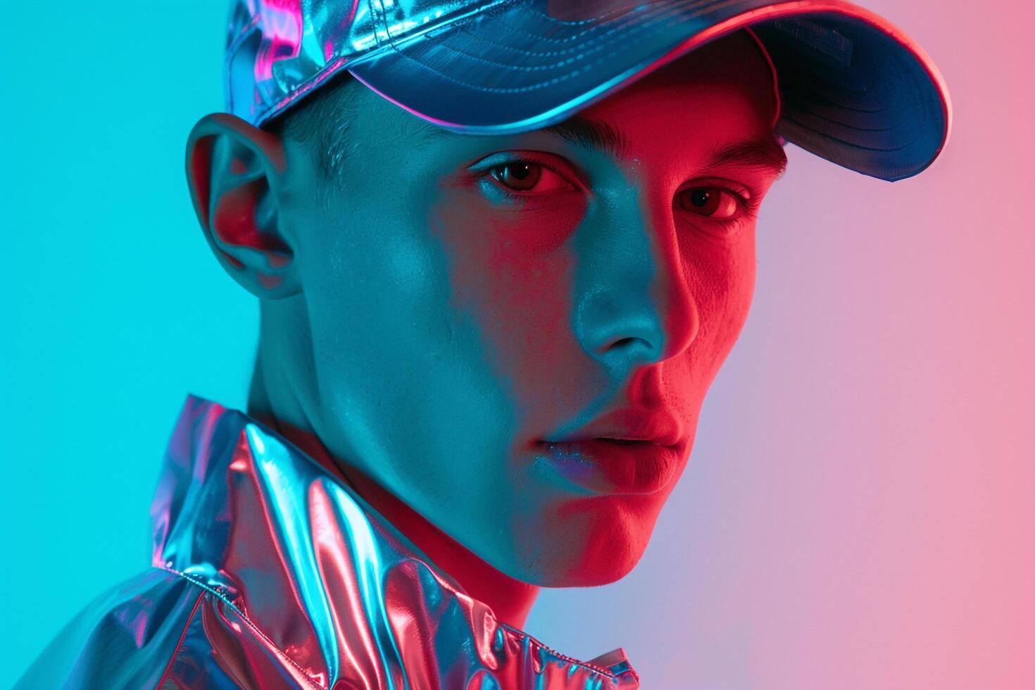 Trendy Male Model in Holographic Cap with Neon Teal Featured in a Modern Lifestyle portrait Background photo