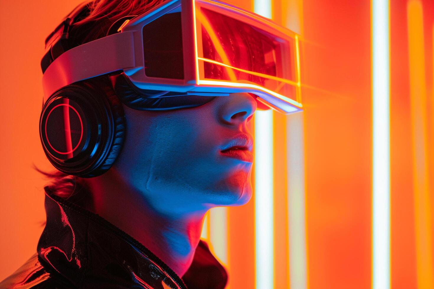 Fashionable Male Model with Transparent Headphones and Neon Orange Featured in a Trendy Lifestyle portrait Setting photo