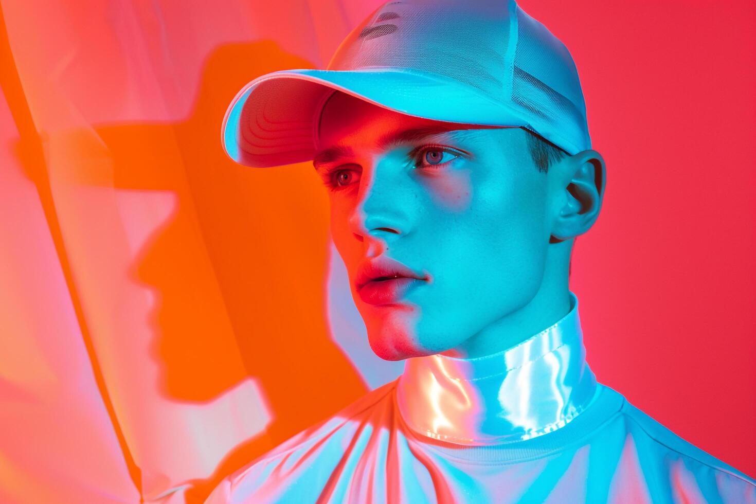 Handsome Male Model in Holographic Cap with Neon Coral Captured in a Contemporary Lifestyle portrait Setting photo