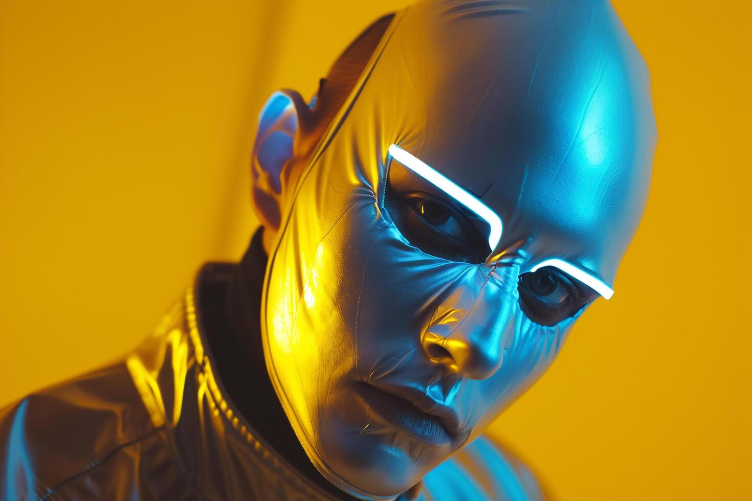 Handsome Male Model in Holographic Face Mask with Neon Yellow Featured in a Modern Lifestyle portrait Setting photo