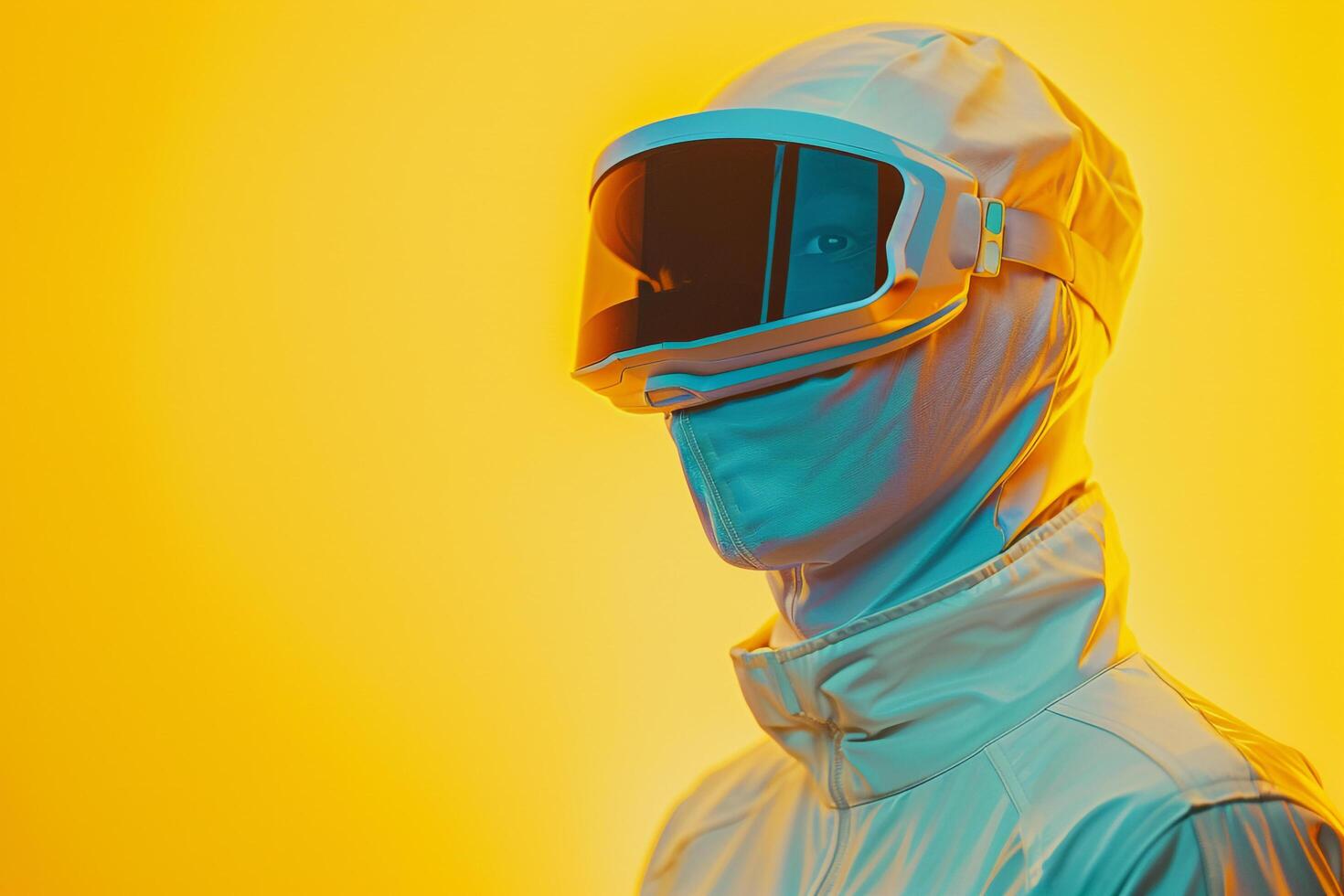 Fashion Forward Male Model in Holographic Face Mask with Neon Yellow portrayed in a Contemporary Lifestyle portrait photo