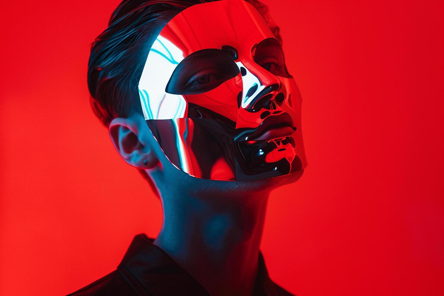Fashion Forward Male Model in Holographic Face Mask with Neon Red Showcased in a Trendy Lifestyle portrait Background photo