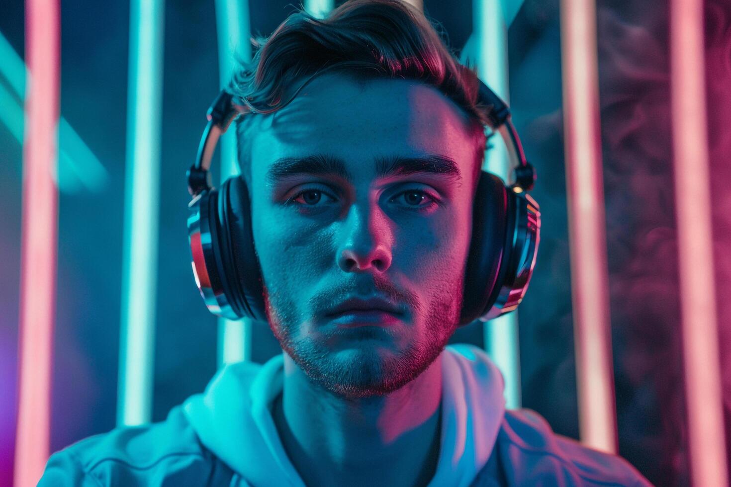 Trendy Male Model with Fashion Headphones and Neon Teal Showcased in a Contemporary Lifestyle portrait Setting photo