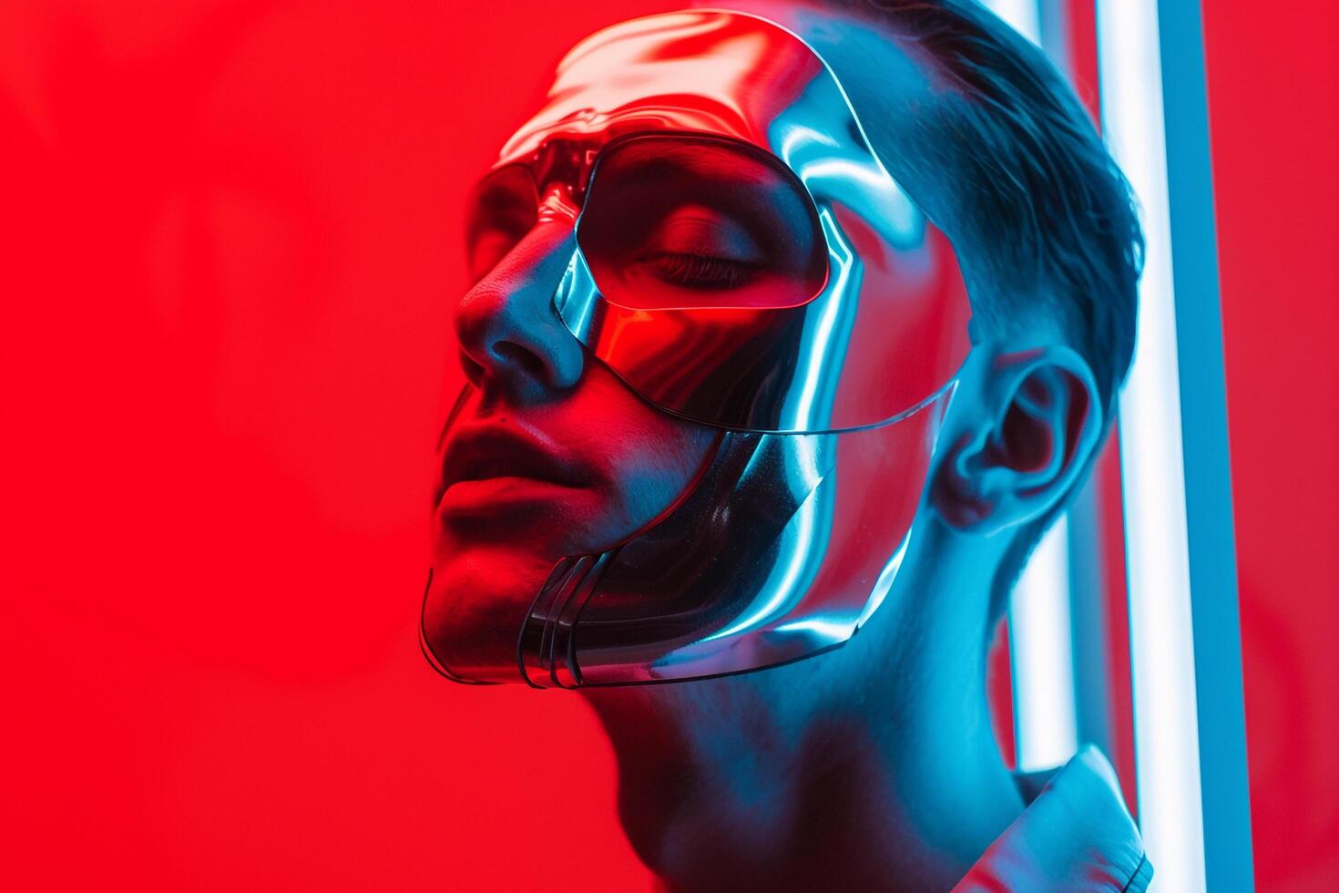 Stylish Male Model in Face Mask with Neon Red Featured in a Modern Lifestyle portrait Setting photo