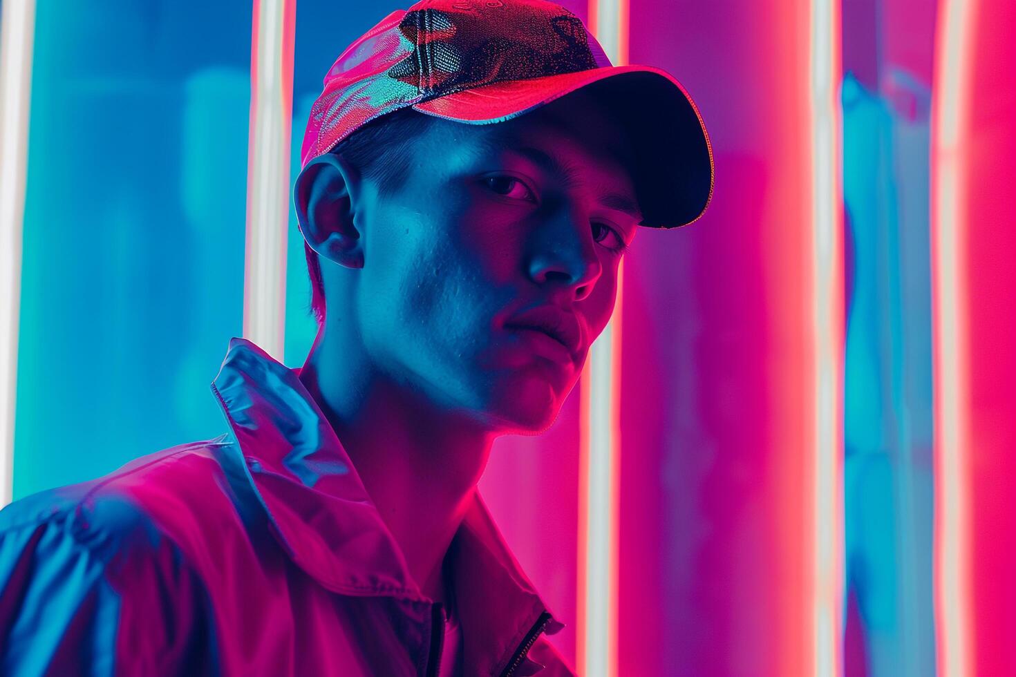 Stylish Male Model in Holographic Cap with Neon Coral Captured in a Modern Lifestyle portrait Background photo