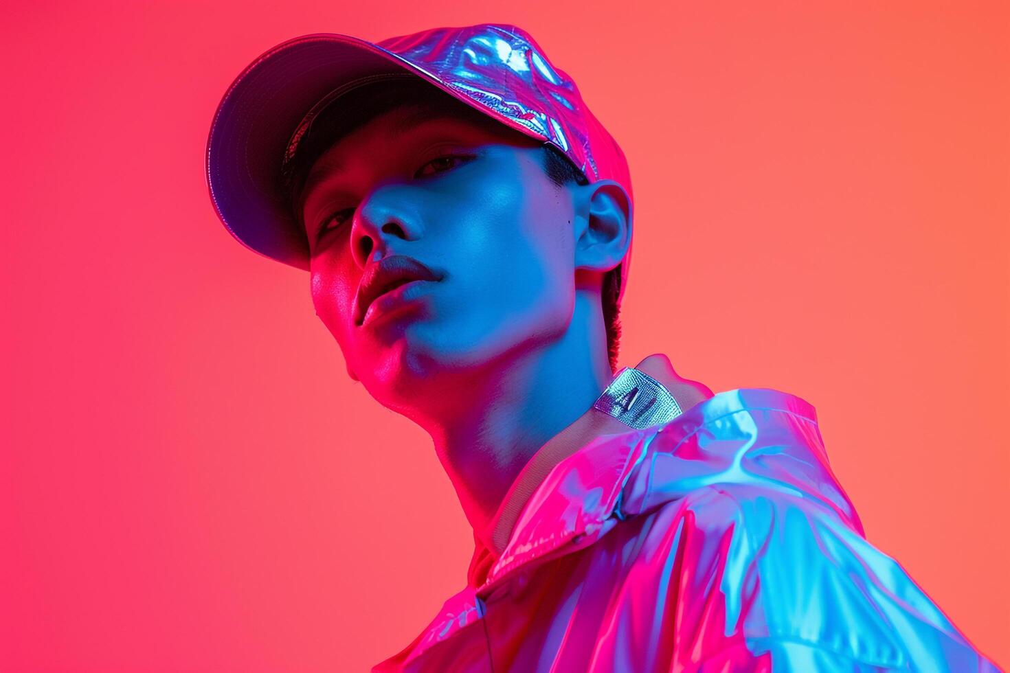 Fashion Forward Male Model in Holographic Cap with Neon Coral Showcased in a Trendy Lifestyle portrait Setting photo