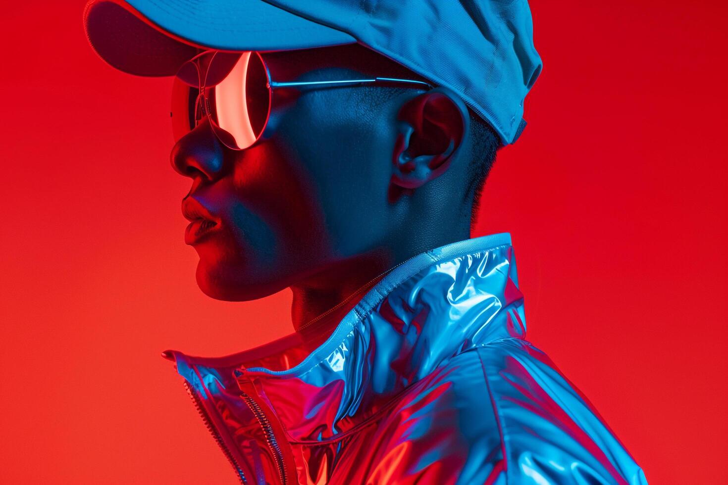 Handsome Male Model in Cap with Neon Red Showcased in a Trendy Lifestyle portrait Background photo