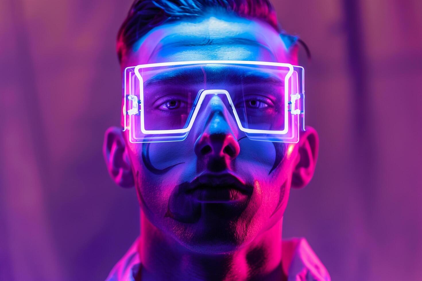 Handsome Male Model in Holographic Face Mask with Neon purple Featured in a Trendy Lifestyle portrait Setting photo