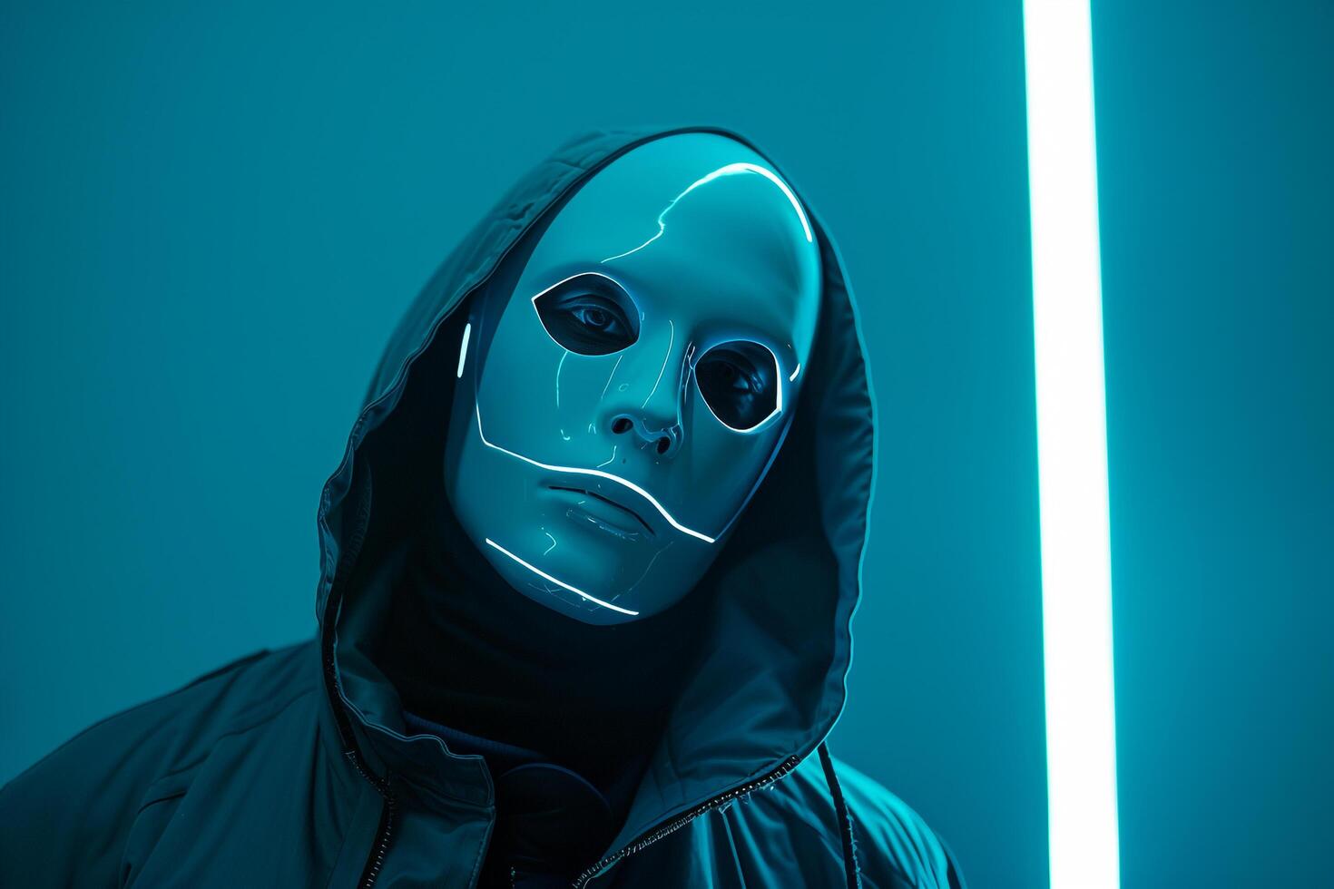 Handsome Male Model in Fashionable Face Mask with Neon Teal Showcased in a Modern Lifestyle portrait Setting photo