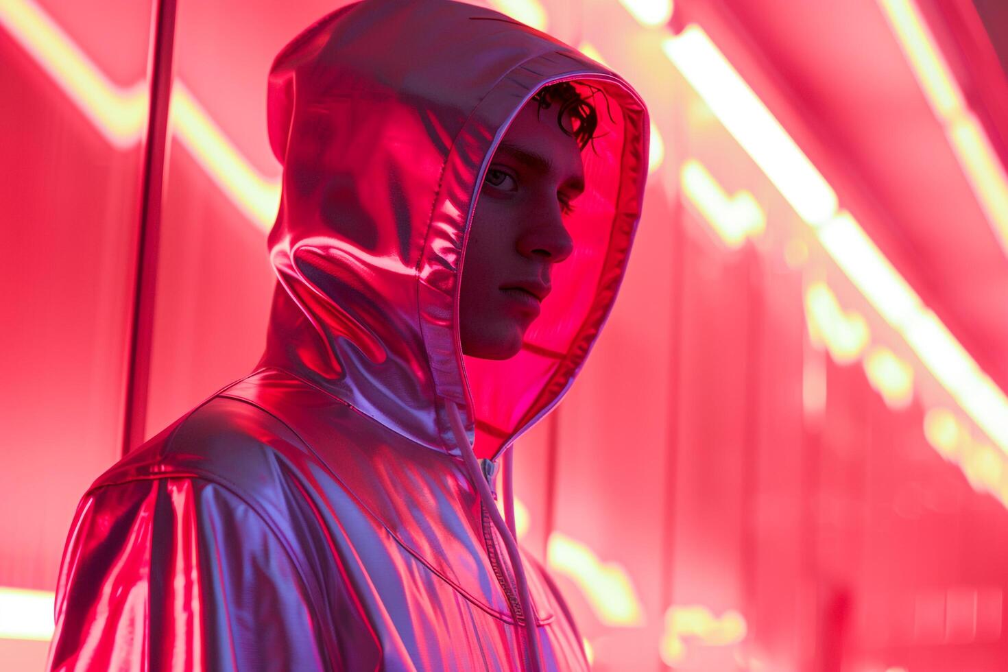 Chic Male Model in Hoodie with Neon Coral Captured in a Modern Lifestyle portrait Setting photo