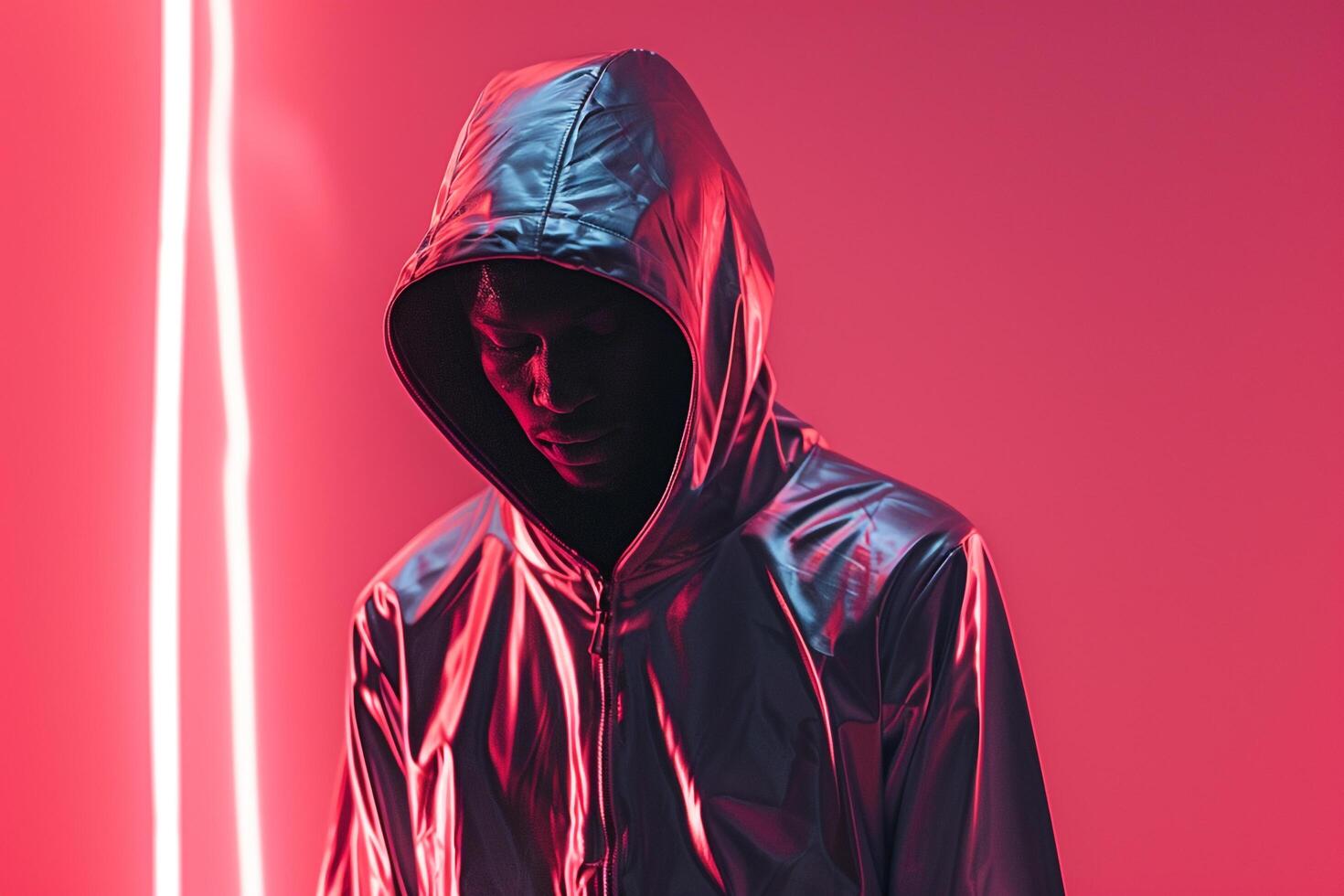 Trendy Male Model in Hoodie with Neon Coral Captured in a Contemporary Lifestyle portrait Background photo