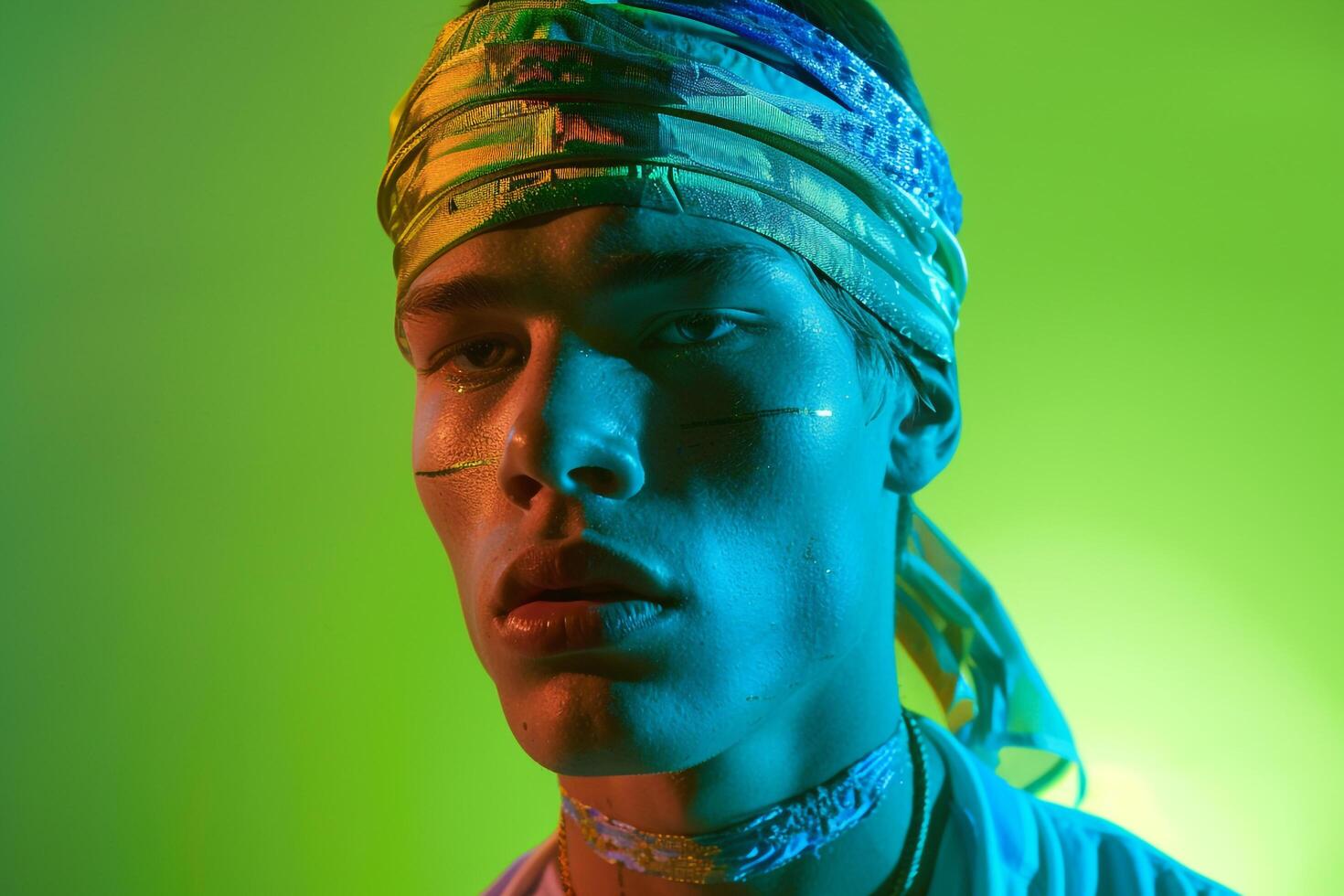 Handsome Fashion Male Model in Bandana with Neon Green Featured in a Trendy Lifestyle portrait Background photo