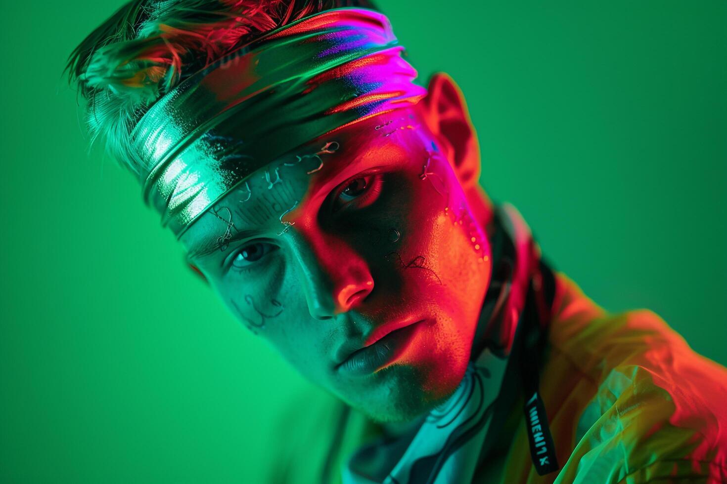 Handsome Male Model in Bandana with Neon Green Featured in a Trendy Lifestyle portrait Background photo