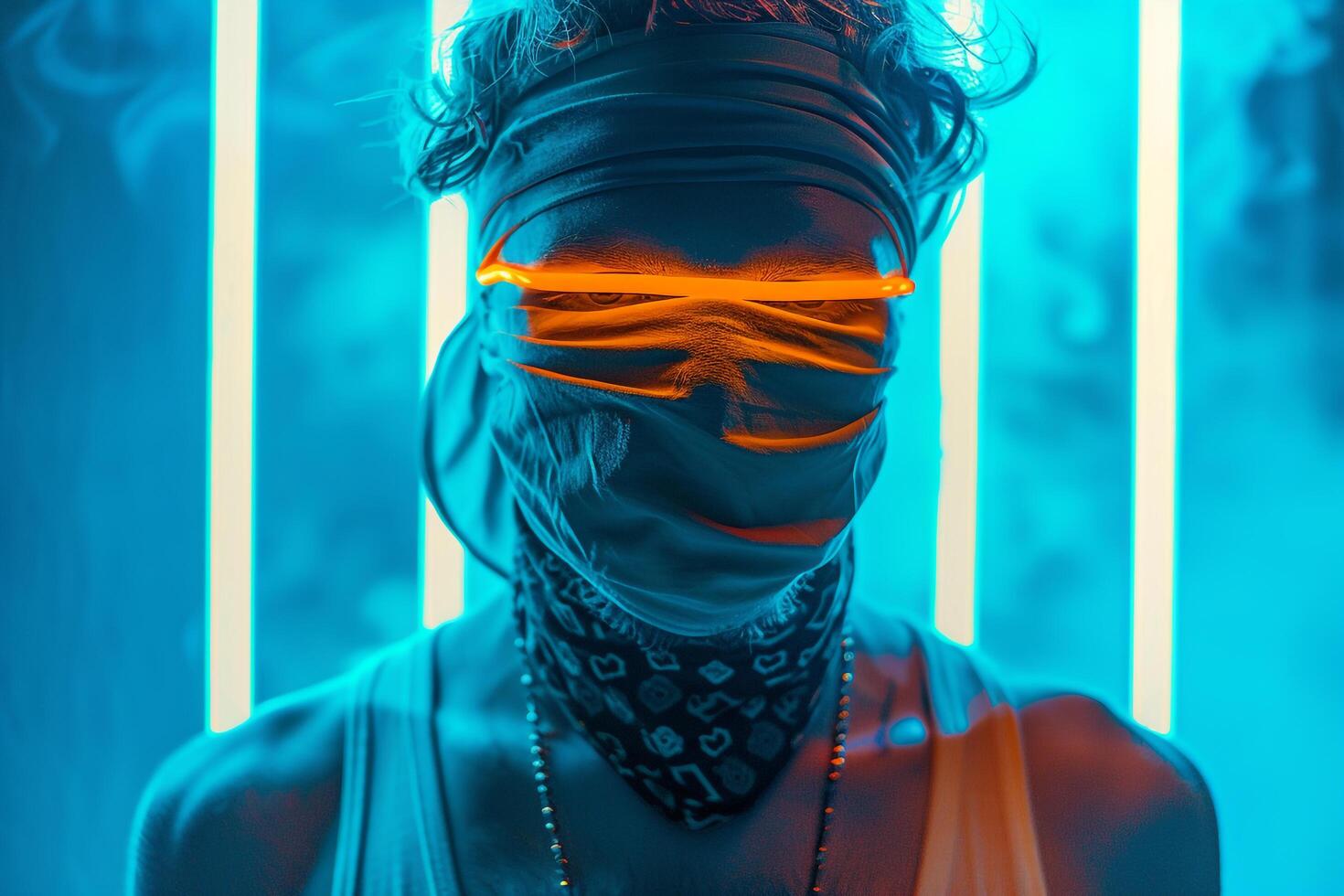 Trendy Male Model in Bandana with Neon Aqua Captured in a Modern Lifestyle portrait Setting photo