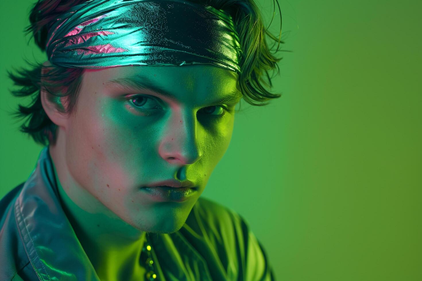 Fashionable Male Model in Bandana with Neon Green Showcased in a Trendy Lifestyle portrait Background photo