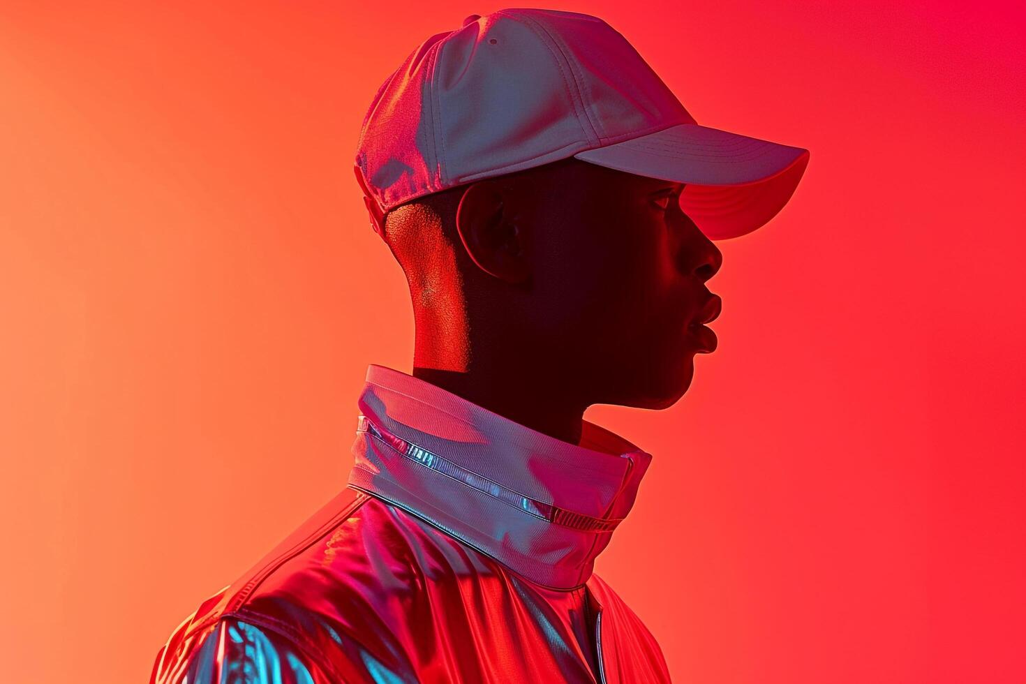 Handsome Male Model in Cap with Neon Red Showcased in a Trendy Lifestyle portrait Background photo