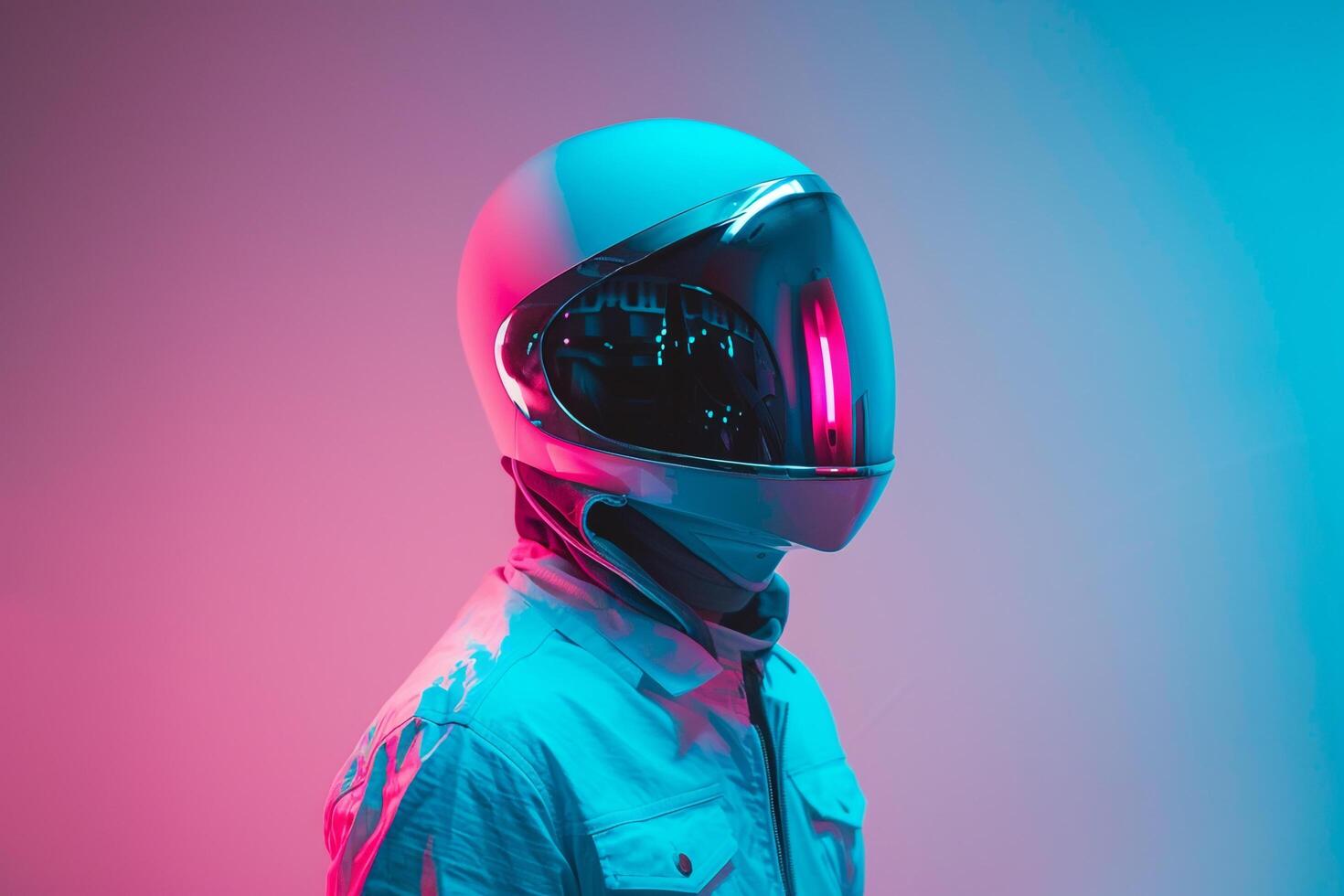 Handsome Male Model in Fashion Helmet with Neon Aqua Showcased in a Modern Lifestyle portrait Setting photo