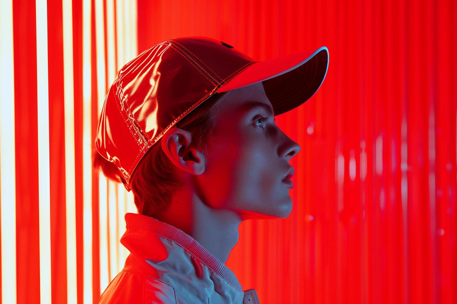 Fashionable Male Model in Cap with Neon Red Captured in a Trendy Lifestyle portrait Setting photo