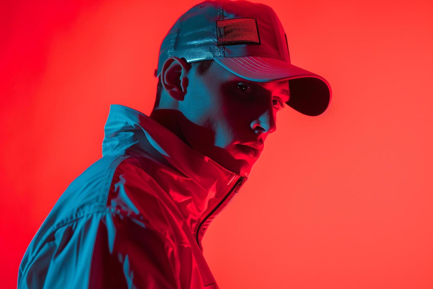 Handsome Male Model in Cap with Neon Red Featured in a Contemporary Lifestyle portrait Setting photo