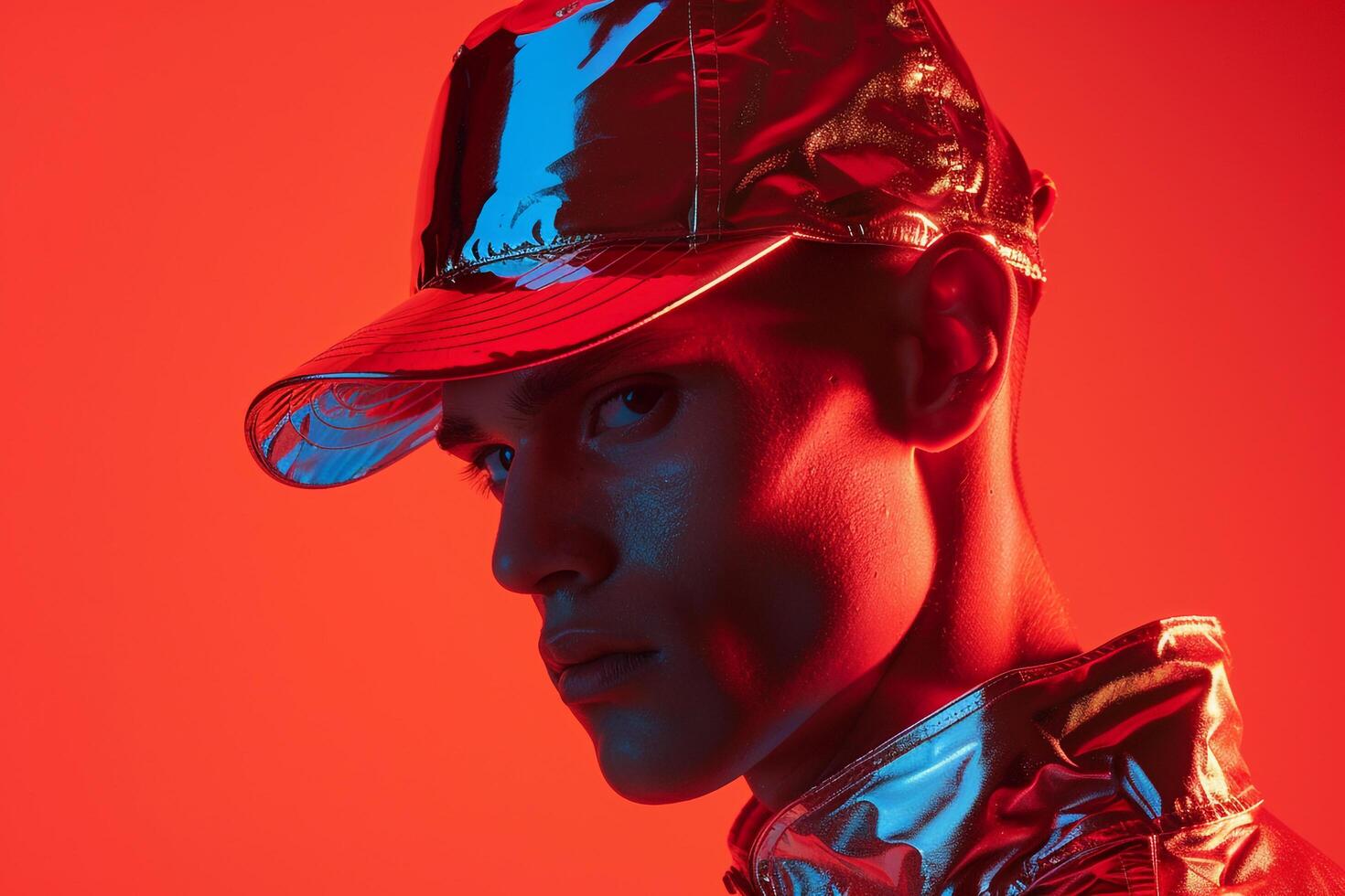 Stylish Fashion Male Model in Cap with Neon Red Captured in a Trendy Lifestyle portrait Background photo