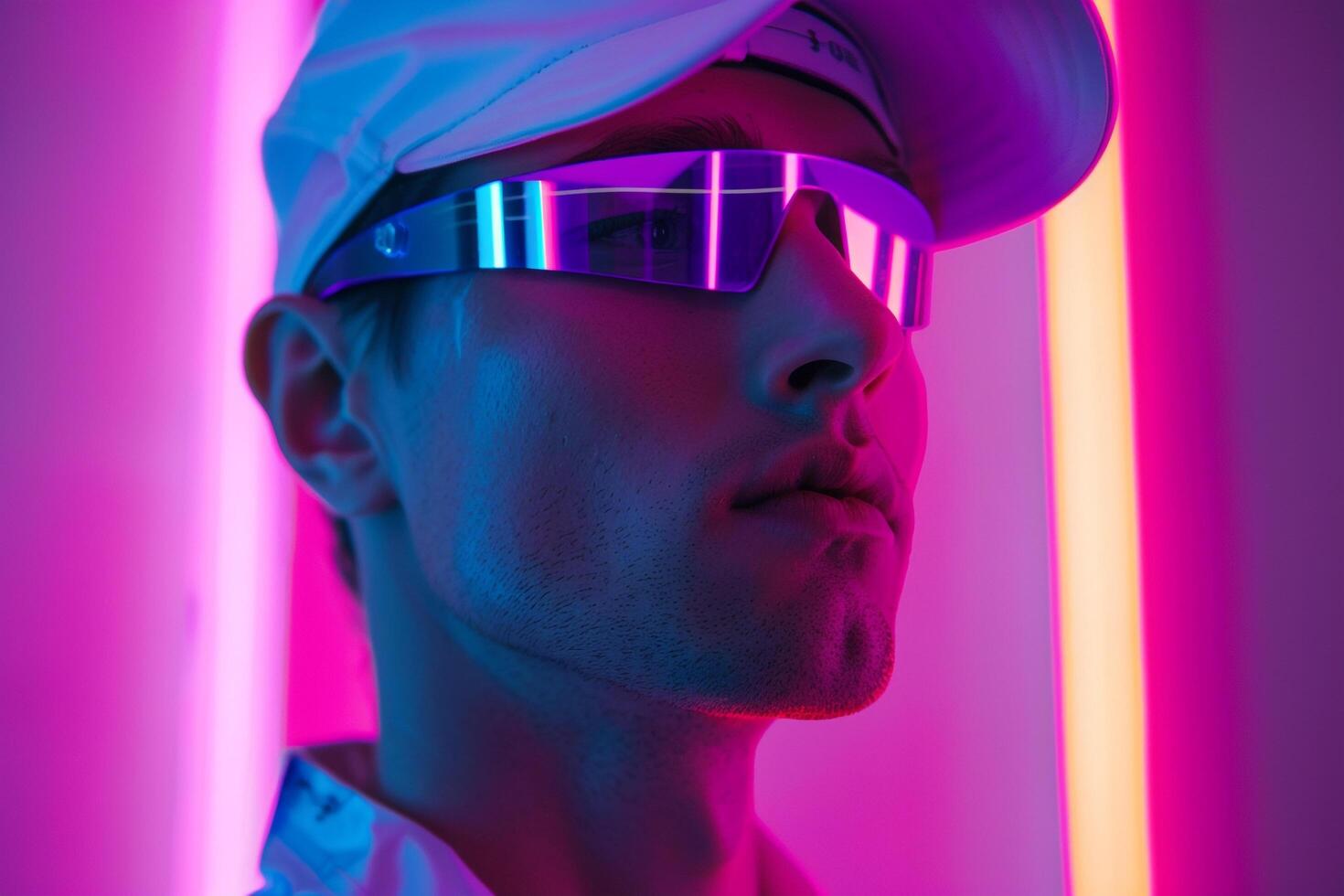 Fashionable Male Model in Holographic Cap with Neon purple Featured in a Modern Lifestyle portrait Setting photo