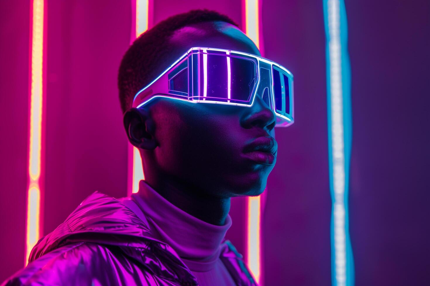 Chic Male Model in Holographic eyewear with Neon purple Captured in a Contemporary Lifestyle portrait Setting photo