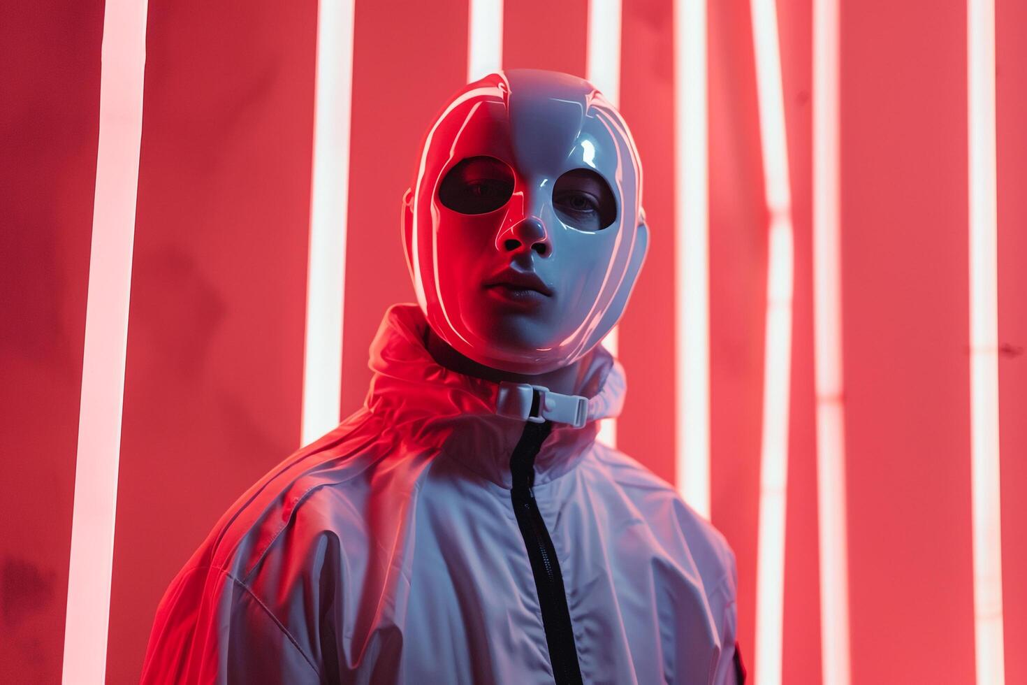Handsome Fashion Male Model in Males Fashion Face Mask with Neon Coral Captured in a Modern Lifestyle portrait Background photo