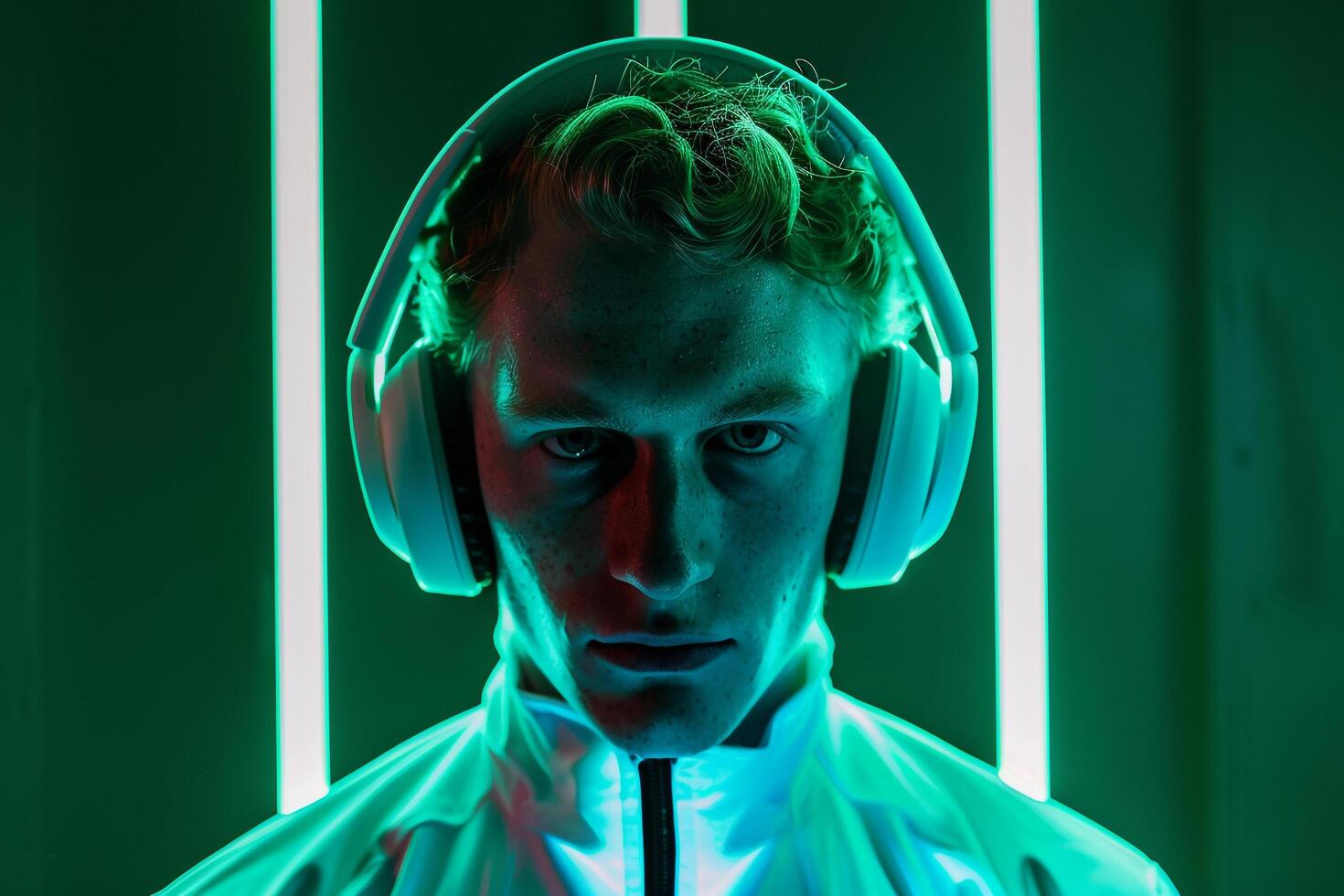 Handsome Male Model in Headphones with Neon Green Featured in a Trendy Lifestyle portrait Setting photo