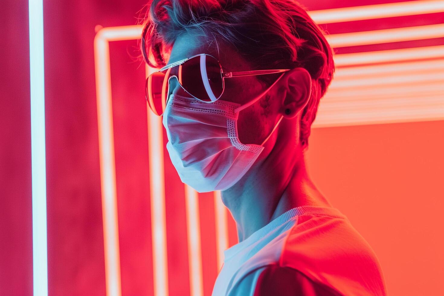 Fashionable Male Model in Males Face Mask with Neon Coral Showcased in a Trendy Lifestyle portrait Setting photo