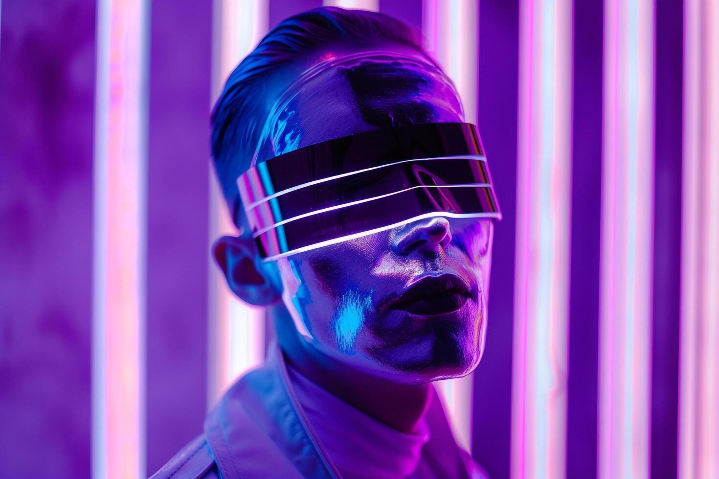 Stylish Male Model in Holographic Face Mask with Neon purple Featured in a Modern Lifestyle portrait Setting photo
