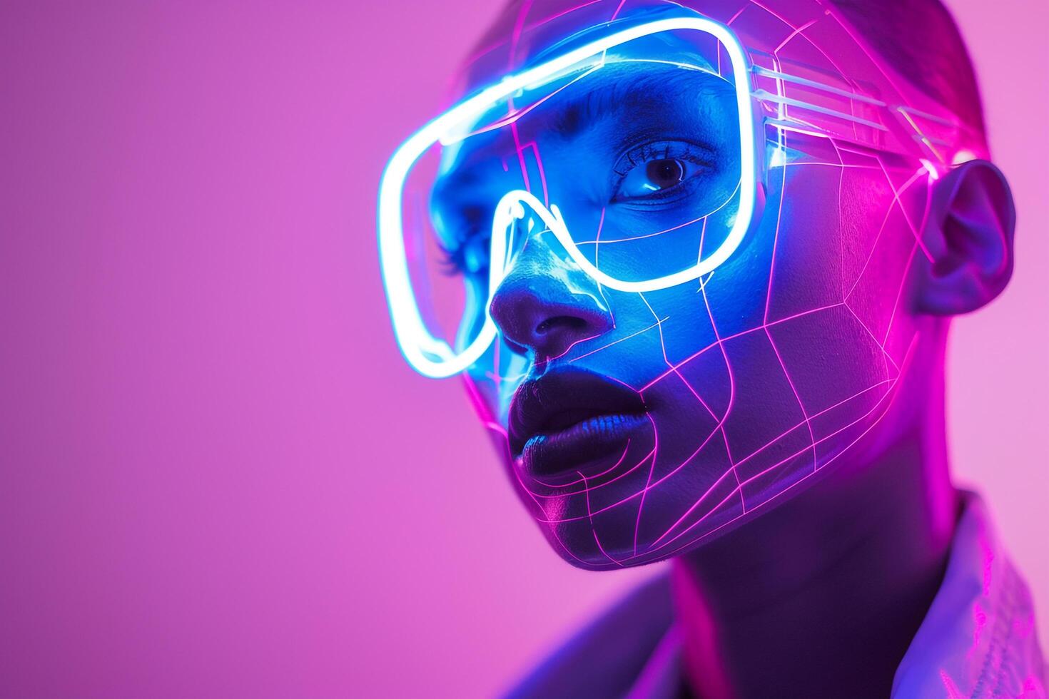 Trendy Male Model in Holographic Face Mask with Neon purple Featured in a Modern Lifestyle portrait Background photo
