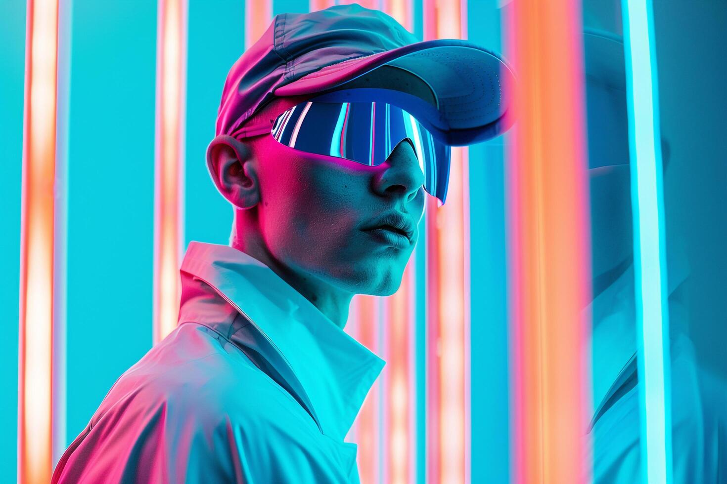 Handsome Male Model in Holographic Cap with Neon Teal Featured in a Contemporary Lifestyle portrait Background photo