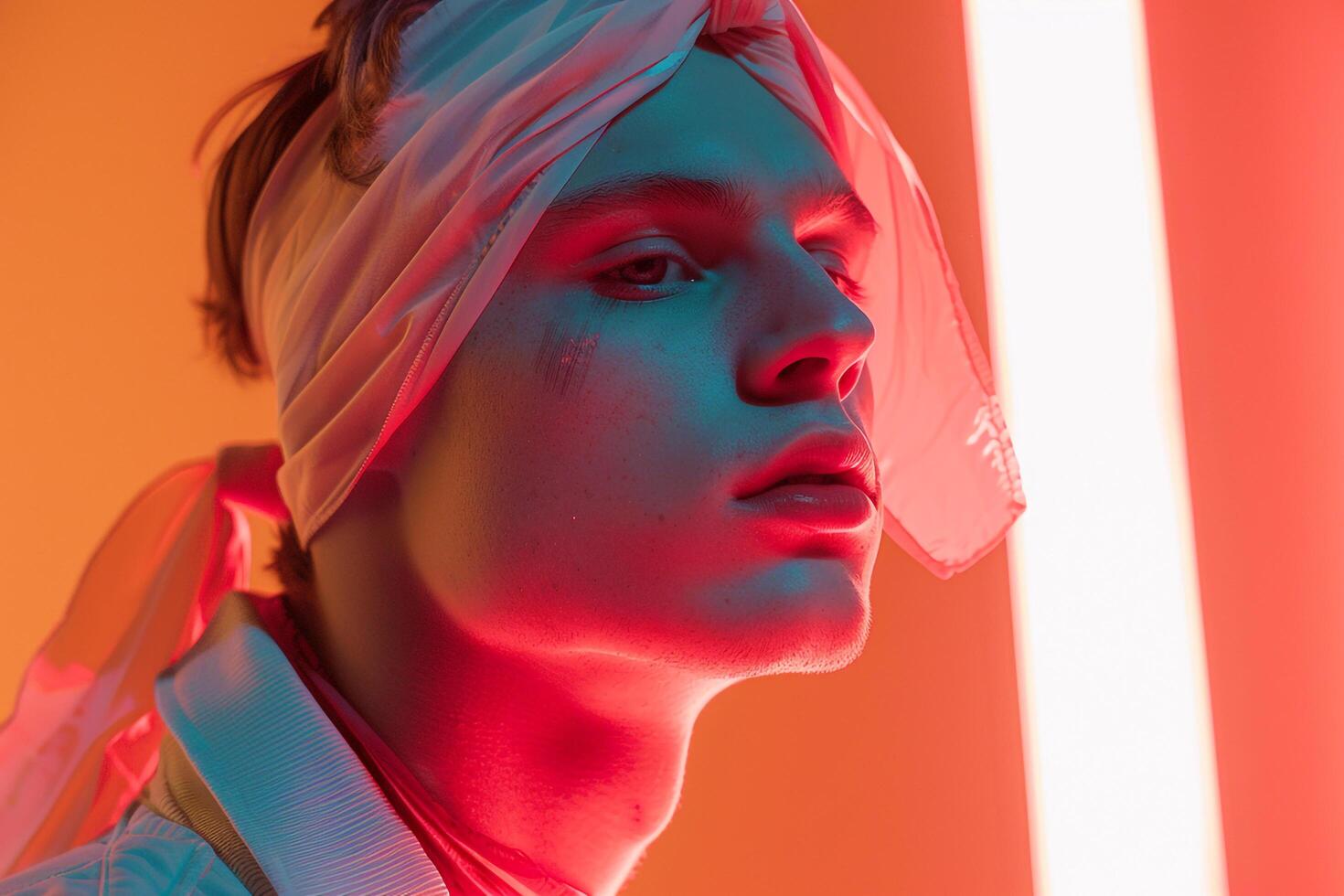 Handsome Fashion Male Model in Transparent Bandana with Neon Coral Showcased in a Modern Lifestyle portrait Setting photo