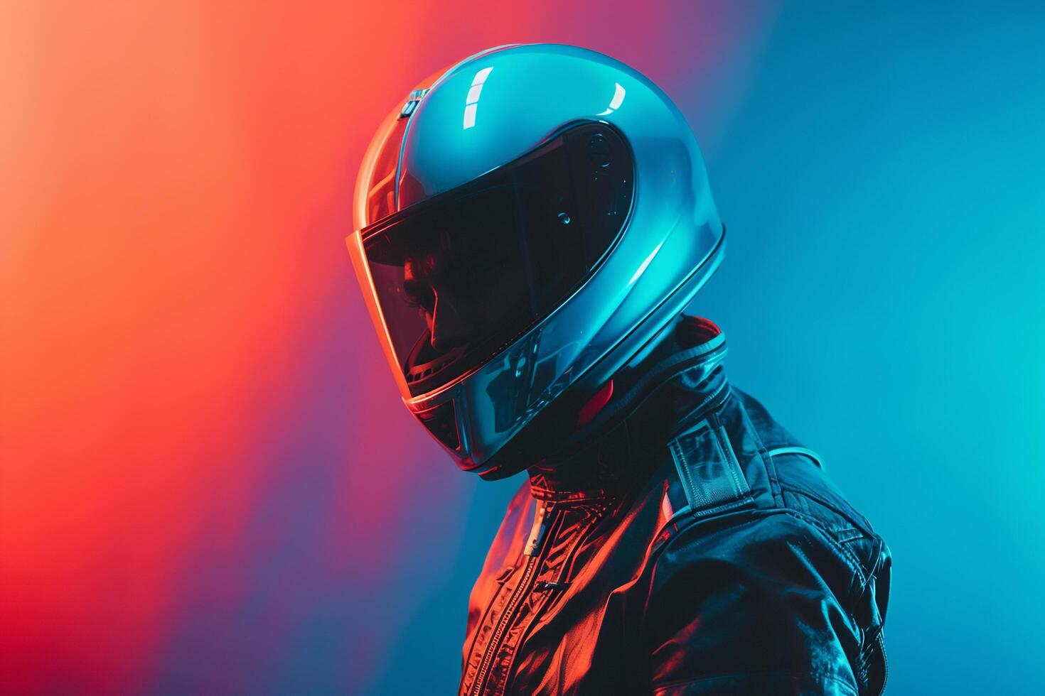 Fashionable Male Model in Fashion Helmet with Neon Aqua Captured in a Trendy Lifestyle portrait Setting photo