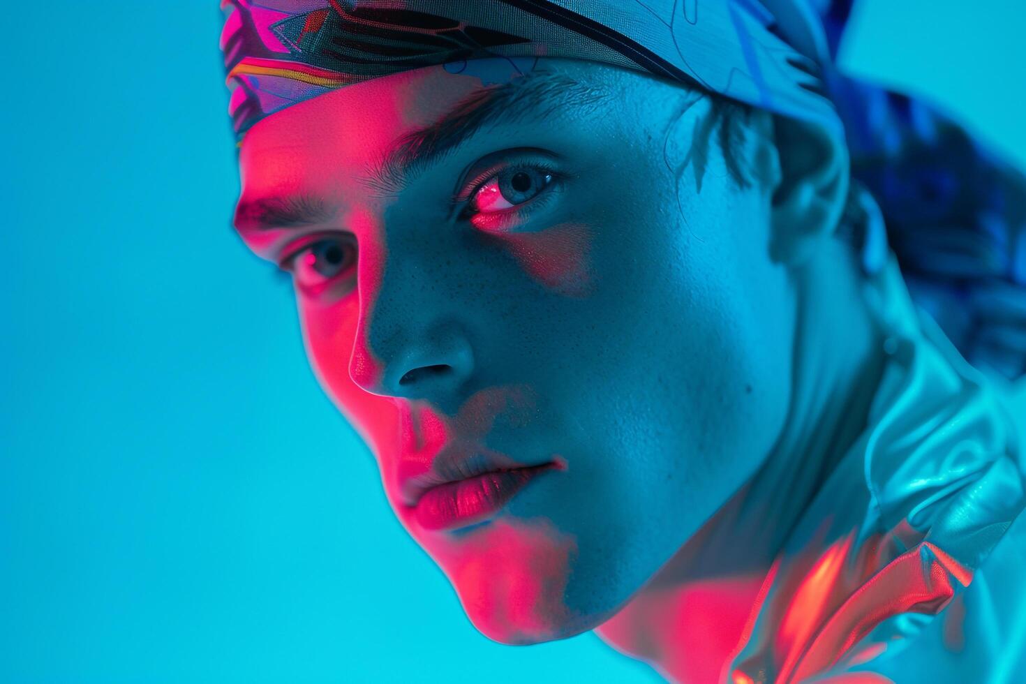 Fashionable Male Model in Bandana with Neon Aqua Featured in a Contemporary Lifestyle portrait Background photo