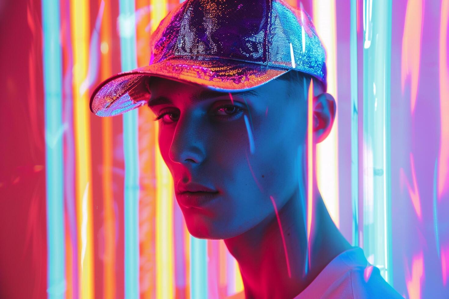 Stylish Fashion Male Model in Holographic Cap with Neon Coral Featured in a Trendy Lifestyle portrait Background photo