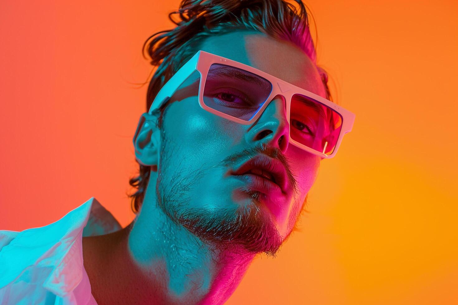 Trendy Fashion Male Model in Gradient eyewear with Neon Coral Featured in a Stylish Lifestyle portrait Setting photo