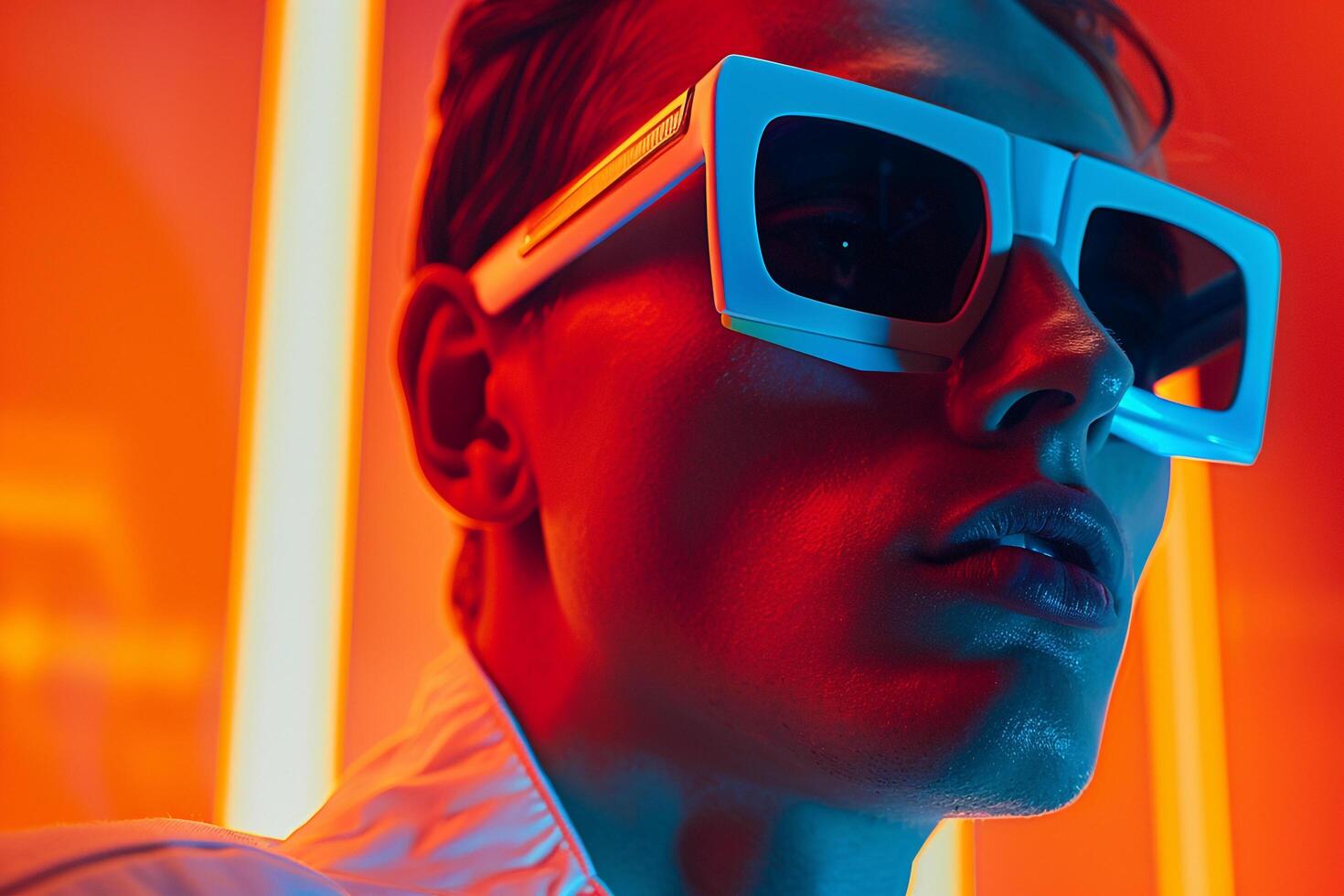 Fashionable Male Model in Gradient eyewear with Neon Coral Captured in a Contemporary Lifestyle portrait Background photo