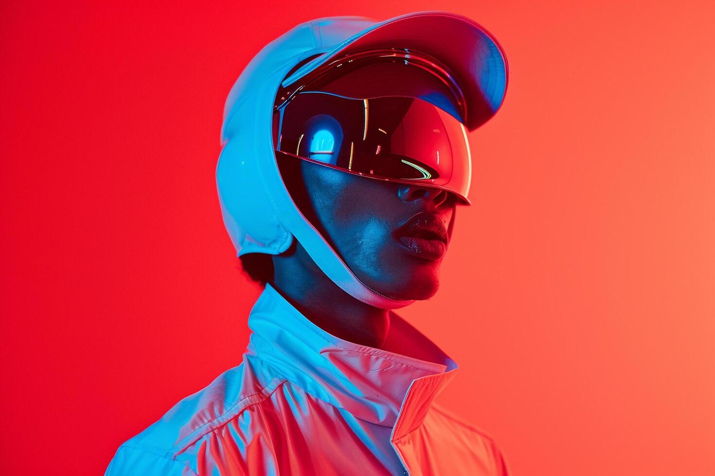 Fashionable Fashion Male Model in Cap with Neon Red Featured in a Modern Lifestyle portrait Background photo