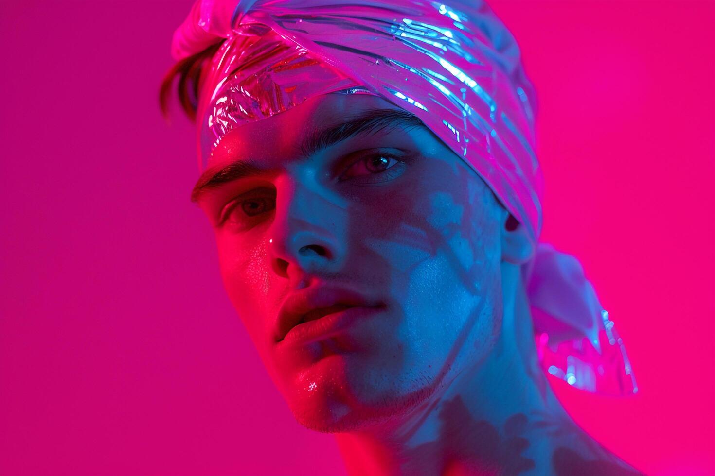 Stylish Male Model in Bandana with Neon pink Showcased in a Modern Lifestyle portrait Background photo
