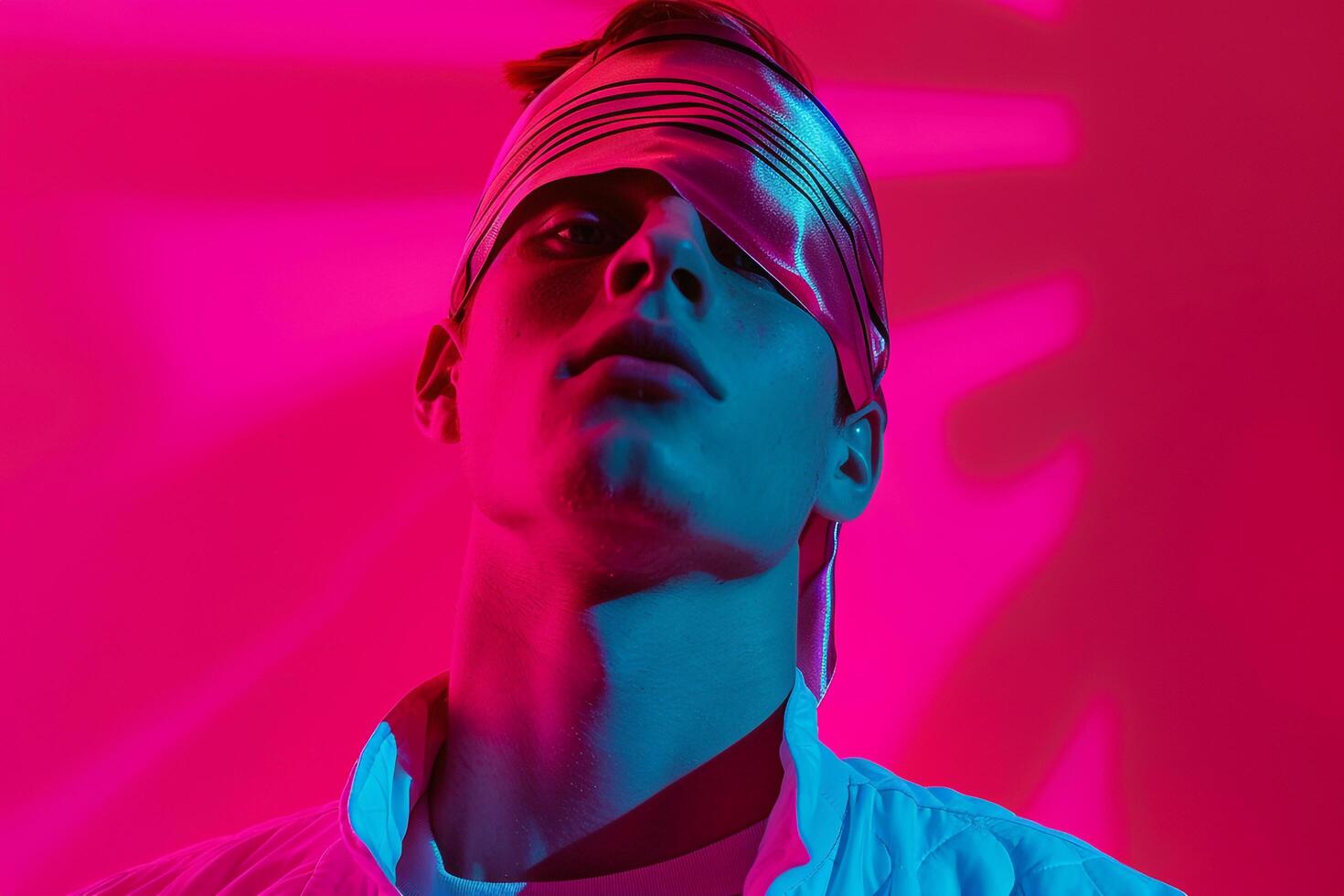 Fashionable Male Model in Bandana with Neon pink Featured in a Contemporary Lifestyle portrait Background photo